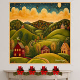 Charming Folk Art Landscape with Rolling Hills, Cozy Houses, and a Glowing Sunset Sky Full of Stars on Ready to Hang 1.5" Thick Canvas Wrap, Floating Framed Canvas, Flat Rolled Canvas
